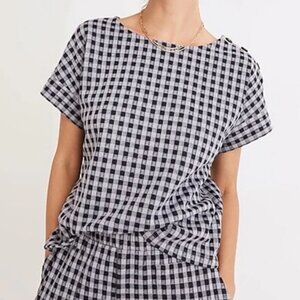 NWT Madewell Gingham Seersucker Knit Button Shoulder Top Boxy Fit. Blue. Size XL